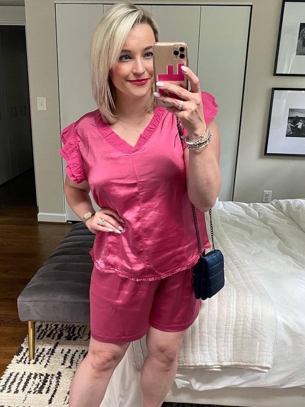 Melissa Nepton 2 pieces: Pavi Mixed Media Top and Lauren hot pink sateen shorts